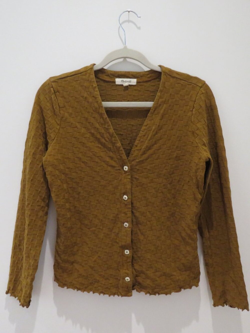MADEWELL V-Neck Cardigan in Checkerboard Jacquard in Sepia Small Granola Girl - Picture 2 of 13